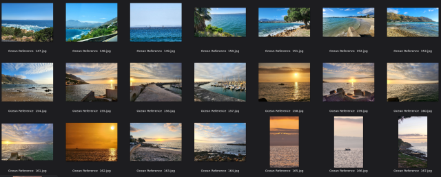 21 thumbnails of ocean photos in a variety of colours and scenes