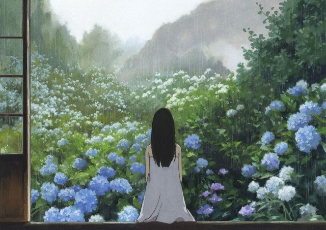 a traditional painting showing a girl looking out at hydrangeas and misty mountains