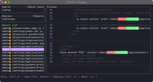 Screenshot of me serpl with Search, Replace, Result List and Preview panes in a command-line interface. Search has /setup and [Match Case] mode selected, Replace has /settings with [Simple] mode selected. The Results List shows about 20 items and the selected file is shown in the preview pane with three replacements in diff-style red/green highlighting on lines 27, 28, and 35.