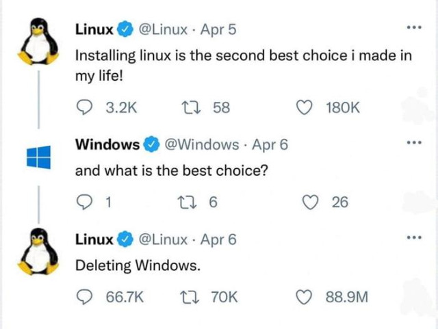 A humorous Twitter exchange where Linux jokes about installing it being the second best choice, with Windows asking for the best choice.