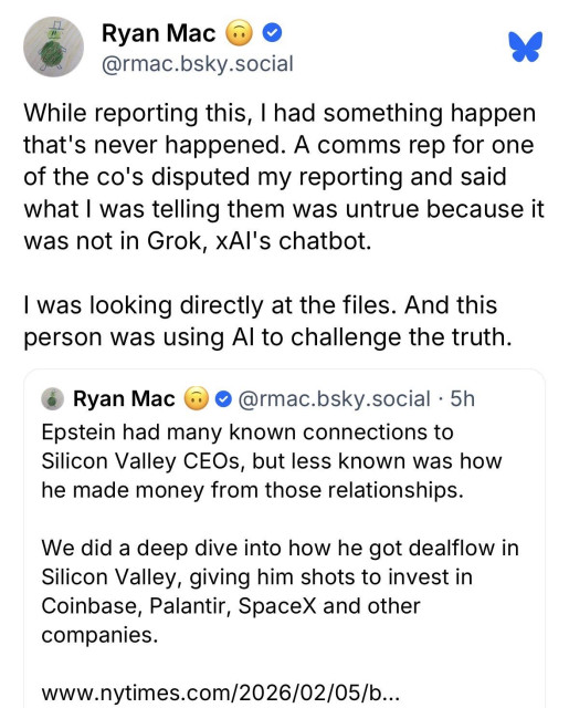 While reporting this, I had something happen that's never happened. A comms rep for one of the co's disputed my reporting and said what I was telling them was untrue because it was not in Grok, xAI's chatbot. 

I was looking directly at the files. And this person was using AI to challenge the truth.
