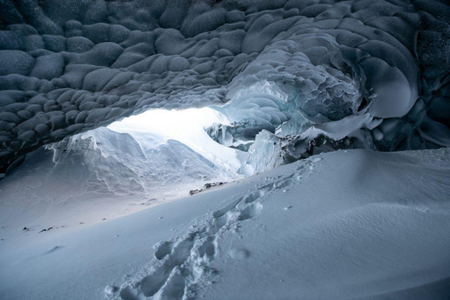 Footprints lead across a gently sloping floor of compacted snow inside a glacier cave. The cave ceiling arches overhead, textured with rounded, layered ice formations. Daylight enters from a low opening in the distance, illuminating pale blue ice and packed snow near the entrance.