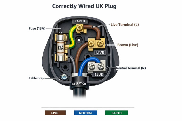 ChatGPT UK 13 amp plug layout. I don't even know what's going on here but it's very very wrong and would go with an immense bang if you were to plug it in.