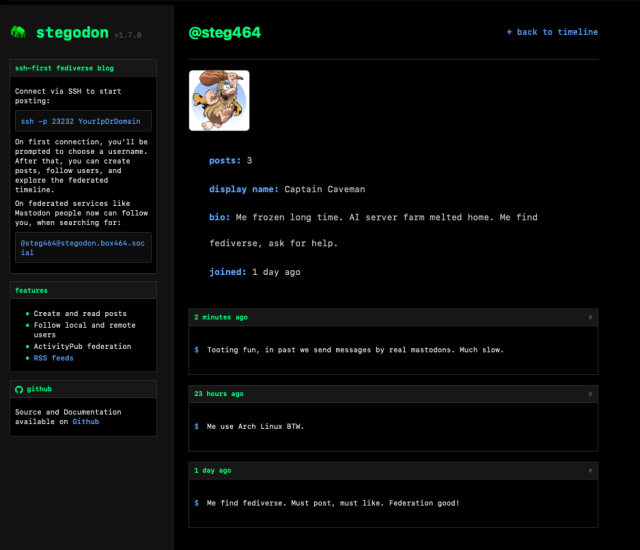 The web profile for my Stegodon user, Captain Caveman. It looks very terminal-esque.