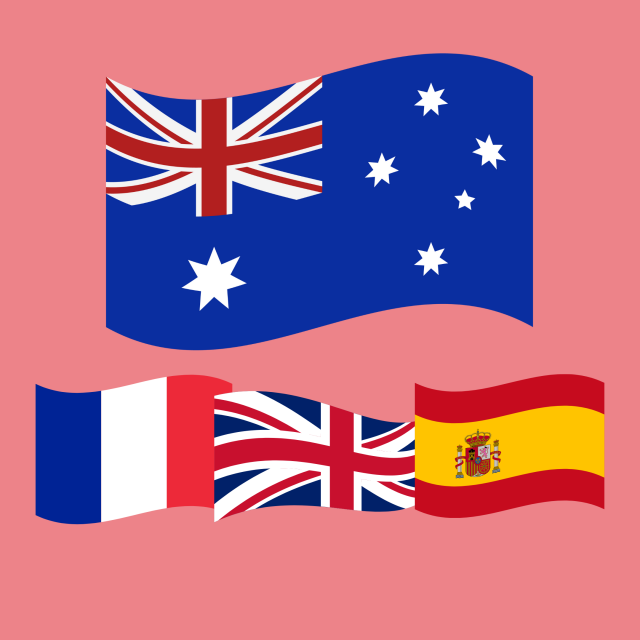 Flags: Australia (large), France, Uk, Spain