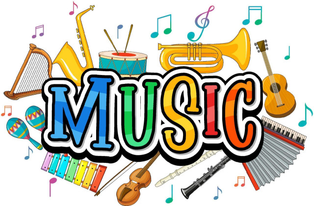 colourful letters spell out MUSIC in centre of white background. Behind the word are musical notes and instruments