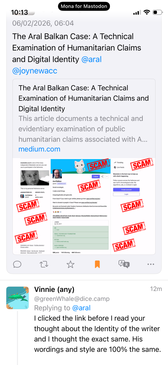 Screenshot of the post as it originally appeared with a comment by Vinnie following it. The dominant image is a screenshot of my account with “SCAM” stamped all over it.