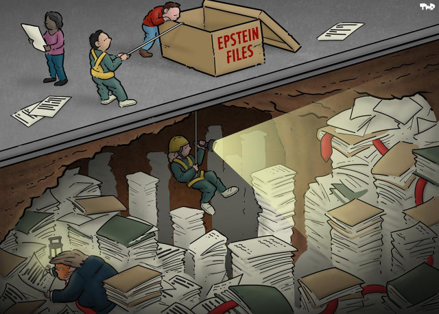 Cartoon showing a cardboard box labeled 'Epstein Files'. A man is holding on to a line, while a woman in cave climber gear is descending into the box by this line. Below the box extends a giant cave filled with files and folders. She hangs in the middle of the cave, shining a flashlight at some of the files and on a red tie that is hanging out one of the folders. We catch glimpse of the red tie between all the files and eventually it leads to a sweating Donald Trump, who is hidden behind stacks of files and is busily redacting files with a black marker by the light of a lantern.