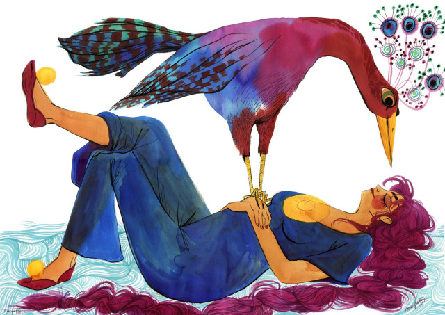 A painting made in ecoline and black ink. The main colours are blue, purple and a yellow-orange. The painting is oriented horizontally. On it you can see a woman lying down, her eyes closed, her arms folded on her belly, and her legs crossed. On her chests stands a large bird. He is looking down at her, with his beak close to her face. 