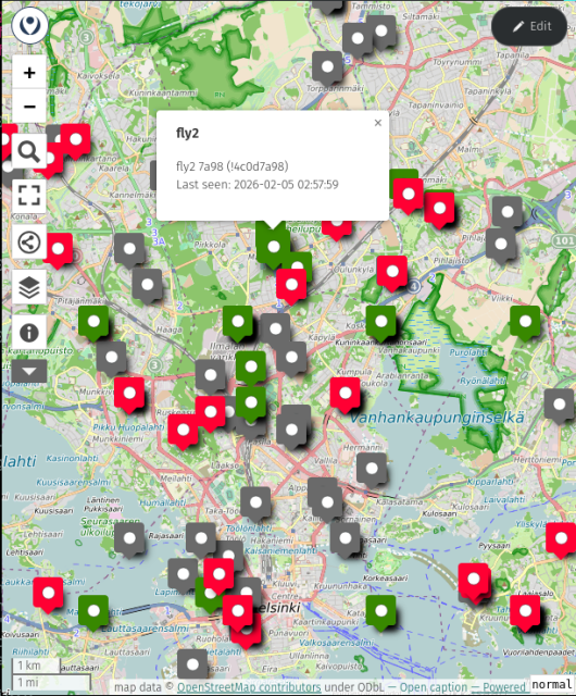A screenshot of a uMap online map showing meshtastic node locations