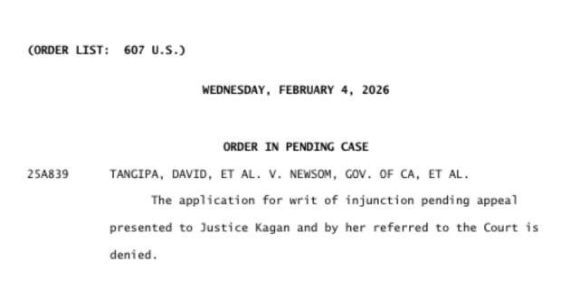 Screenshot of order denying emergency application, with no noted dissents.
