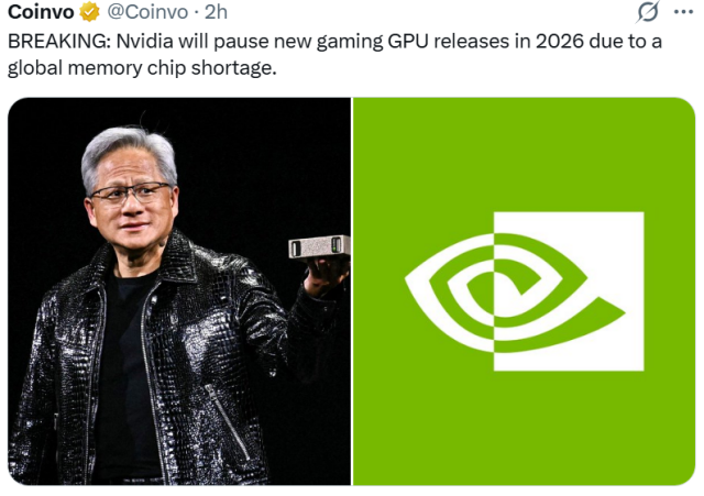 BREAKING: Nvidia will pause new gaming GPU releases in 2026 due to a
global memory chip shortage.
