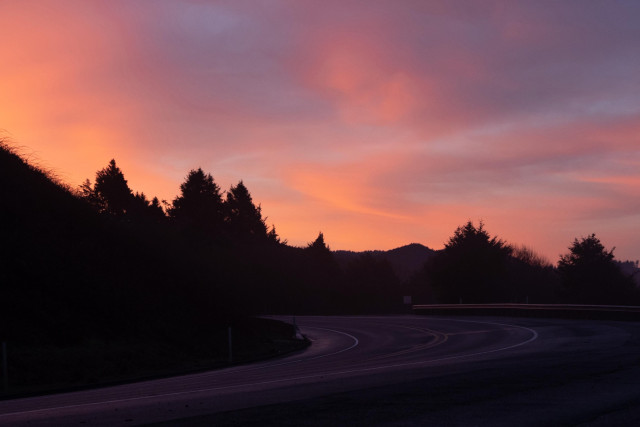 A winding road curves through a landscape silhouetted by trees against a vibrant sunrise sky featuring shades of pink and orange.