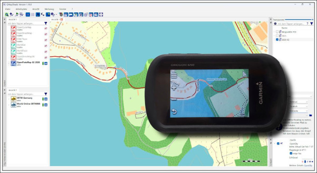 Bildbeschreibung: 
Mein Garmin Orgeon 650, vor der aktuellen Kartenansicht von QMapShack.