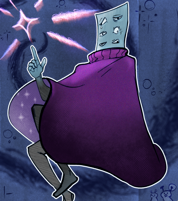 A digital illustration of a person in a long purple coat with a square head that has 6 eyes, each ye is expressing a different emotion. The person is floating in the air and is pointing to a bright star