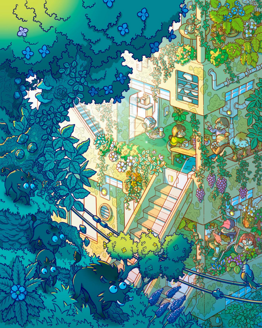 A family of boars is going through a green city, looking down at a sustainable residential building with multiple people enjoying their lives.