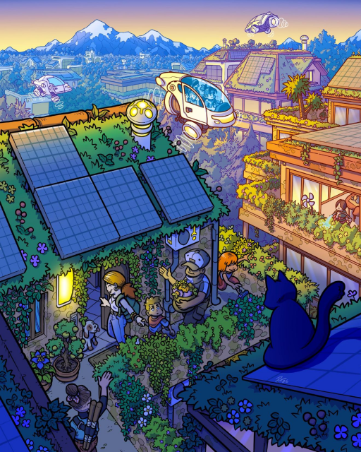 A family is coming into their rooftop house covered in solar panels as flying cars swoop by. A cat is observing the scene.