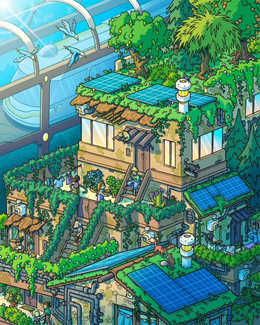 A train (protected by sound screens) passes by a sustainable Solarpunk building with solar panels on top.