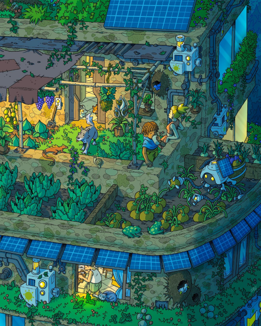 A green terrace with an urban garden and a gardening robot as well as some wildlife in the middle of a city.