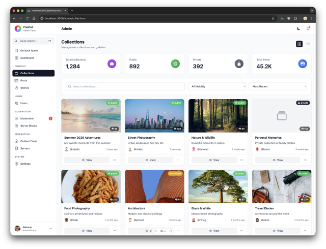 Pixelfed Admin Dashboard Collections preview