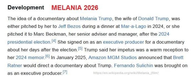 Screenshot of the Wikipedia article about the movie Melania 2026. It features the development section and the source "https://en.wikipedia.org/wiki/Melania_(film)"
