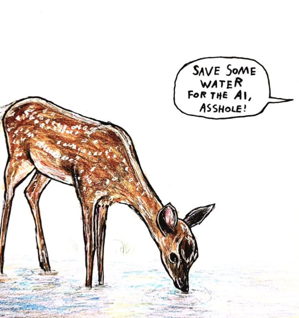 Art of a deer drinking and a speech bubble from the right side says 'save some water for the ai, asshole!'