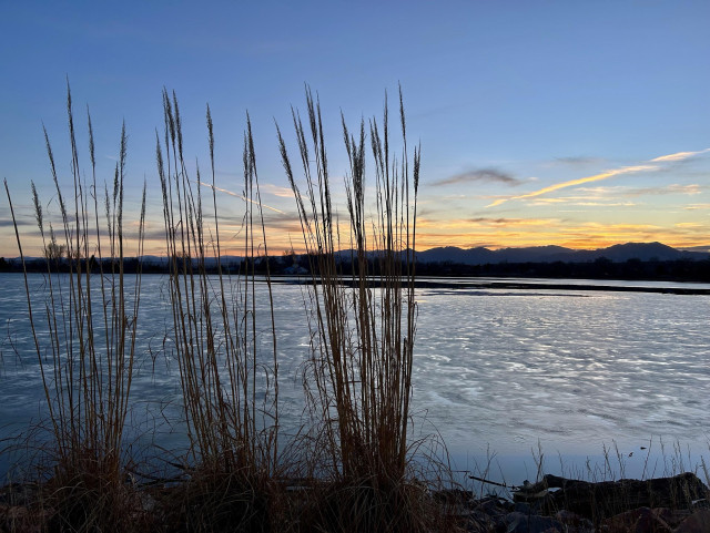 A serene landscape featuring tall grasses in the foreground, with a calm water body reflecting the sunset. The sky displays soft hues of orange and blue, while distant mountains line the horizon.