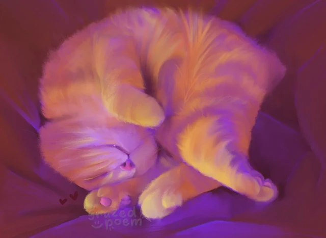 Cute cat named Washy in a curled croissant position with cute toe beans out, painted by grazedpoem.