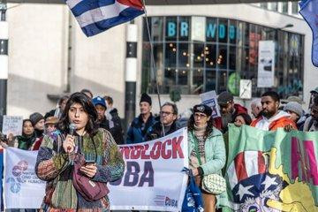 A crowd of protesters gathered to show solidarity with Cuba in Brussels