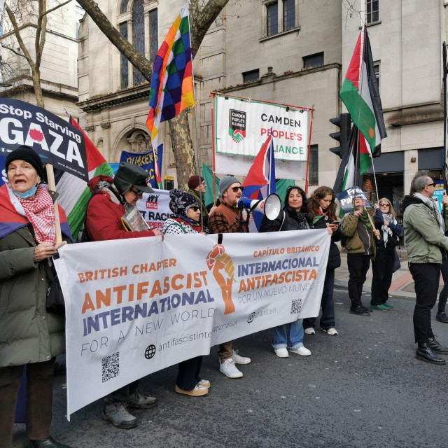 A crowd of protesters on the antifascist international march in London yesterday