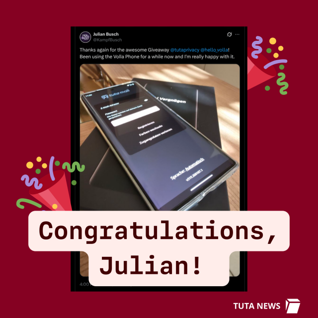 Screenshot of the post by Julian, thanking Tuta & Volla for winning the phone.