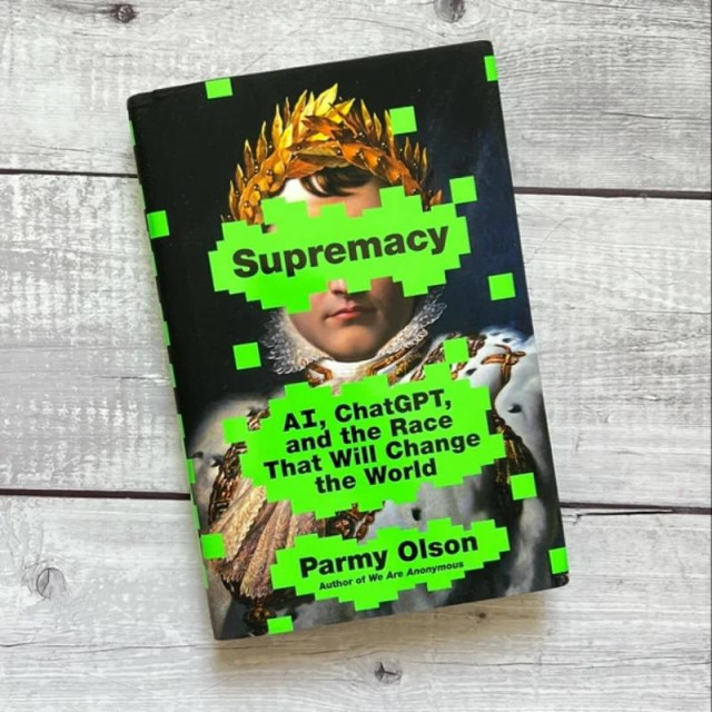 A book titled "Supremacy: AI, ChatGPT, and the Race That Will Change the World" by Parmy Olson, featuring a cover with digital glitch effects and a classical painting of a young person.