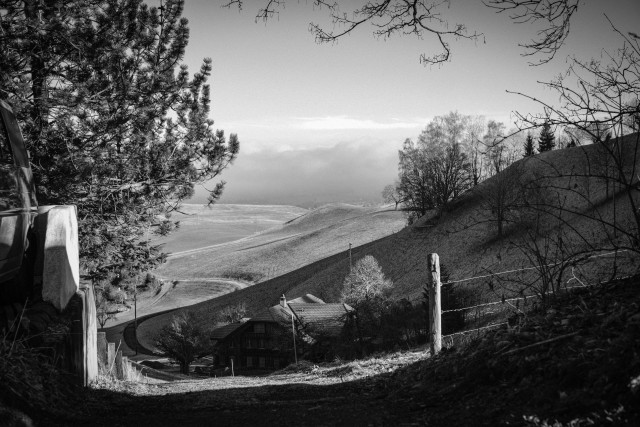 Schwarzweisslandschaft: Blick von oben einen Feldweg runter zu einem Hof und weiter in eine Hügellandschaft. Ganz hinten endet alles in einer Nebelwand.