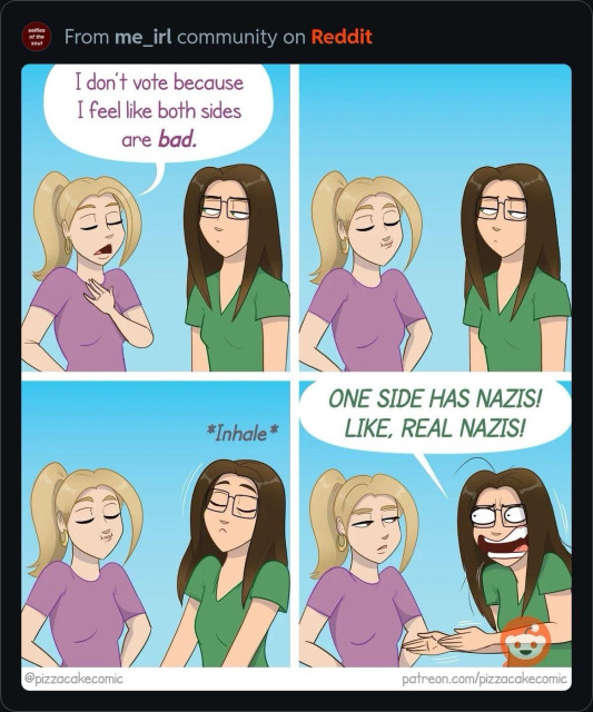 the image features two young ladies talking. One says I don’t vote because I feel like both sides are bad. Then the other says One side has Nazis, like REAL Nazis. 