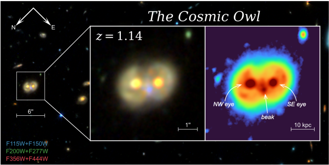 The "Cosmic Owl," as photographed by the James Webb Space Telescope. Each "eye" is an active galactic nucleus, and the "beak" is a nursery of stars. (Image credit: Li et al.) 