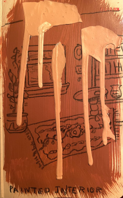 A somewhat perfunctory drawing of a living room on pale red paint woth glued-on paint drips in cream. 