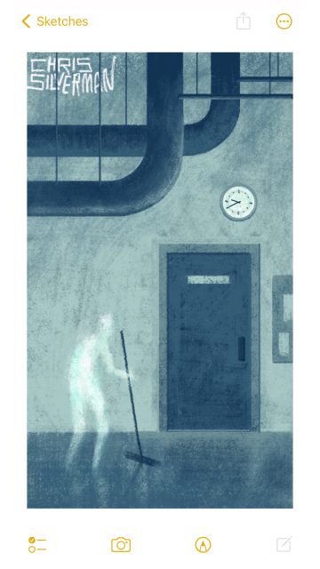 A drab, gray basement room. Heavy pipes hang from the ceiling. There is little to look at in this place: a white analog clock, a heavy gray door in the wall, the left edge of a bulletin board to the right of it. Under the pipes, a ghostly white figure holds a mop, sweeping a polished dark floor. The painting is signed "Chris Silverman".