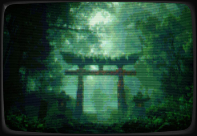 an overgrown torii gate in a forest (CRT version)