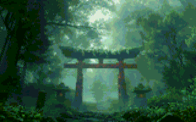 an overgrown torii gate in a forest