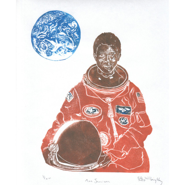 My linocut portrait of astronaut Mae Jemison in her flight suit, holding her helmet, with the globe of Earth above and to left.
