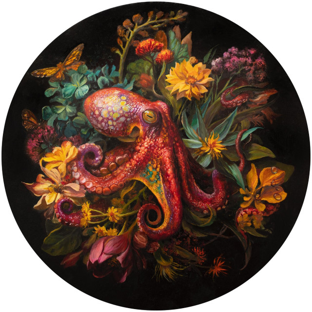 a round painting of flowers and a red octopus by Martin Wittfooth
