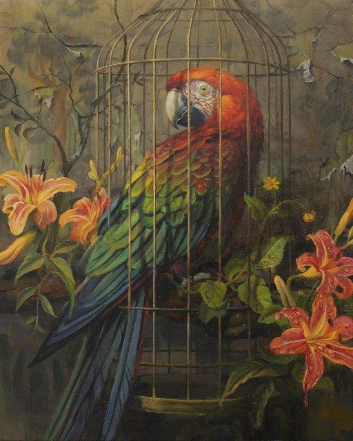 a painting of a vibrant bird in a cage by Martin Wittfooth