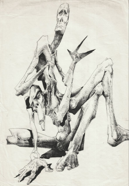 Expressionist ballpoint pen drawing.
Two naked skinny males, one sitting on top of the other. The first one has a self-satisfied and arrogant expression while that other serving as a seat seems sullen and ill-disposed.
They share a forearm and a hand and, apparently, also all the left leg down below the knee and it's corresponding foot.