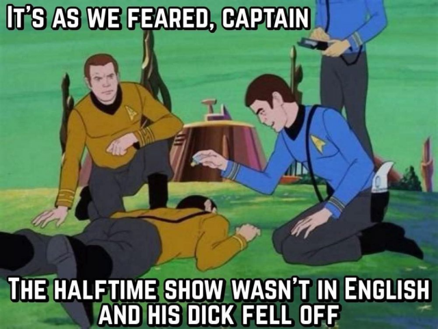 star trek: the animated series screenshot. kirk kneeling, mccoy scanning a body and saying "It's as we feared captain. The halftime show wasn't in english and his dick fell off."