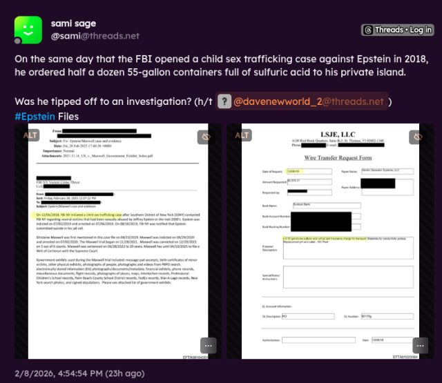 screenshot from threads user sAmieSage sharing screenshots of the FBI order and an order for many barrels of sulferic acid delivered to pedo island