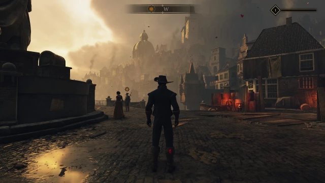 Screenshot aus Greedfall, zu sehen ist ein neuzeitlicher, gepflasterter Platz. Am Linken Bildrand ist der Teil einer Statue zu sehen. Das leicht gelbliche Licht des Abends spiegelt sich in den Pfützen, die sich wohl nach einem Regen auf dem Pflaster gebildet haben. Zwei Feuerstellen am rechten Bildrand bringen etwas rötlichen Schein in das Bild. Gemauerte Häuser befinden sich hinter den Feuerstellen. In der Ferne sind im Nebel weitere Häuser und eine Art Tempel sichtbar. Nur wenige Menschen befinden sich auf dem Platz.