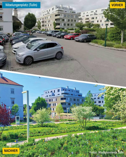 Vorher - nachher Bild: Tulln Nibelungenplatz. Oben Foto von asphaltierten Autoparkplatz, unten gleicher Ort, aber entsiegelt und begrünt. Foto: Stadtgemeinde Tulln.  