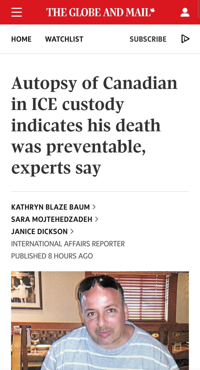 Globe and Mail screenshot: autopsy of Canadian in ICE custody indicates his death was preventable, experts say
