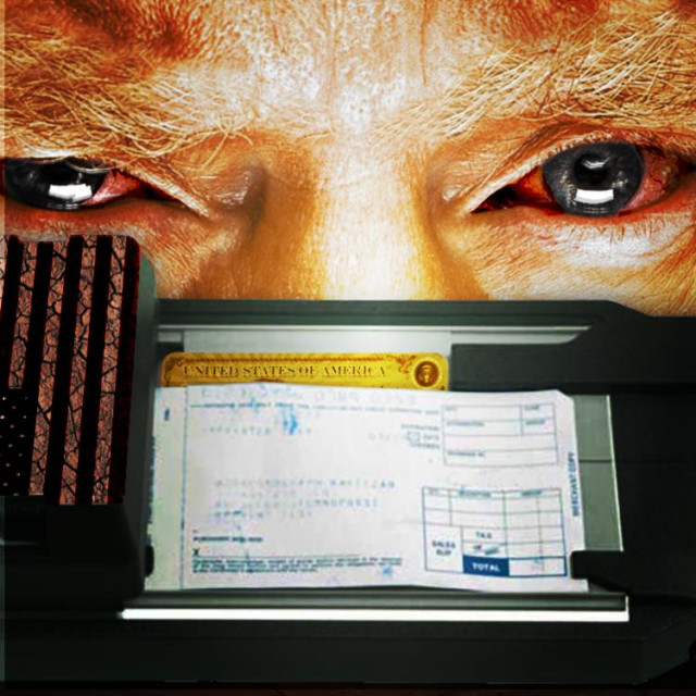 An old-fashioned credit-card imprinter; its handle is a cracked and dirty American flag. Under the slip is a gold Trump Card. Looming over the imprinter is the top half of Trump's face, brooding and squint-eyed; it has been altered to increase its orangeness, to add bloodshot sclera to his eyes, and to add liver spots. At its bottom, the face merges with a bubbling, hellish cauldron of smoke and flame.