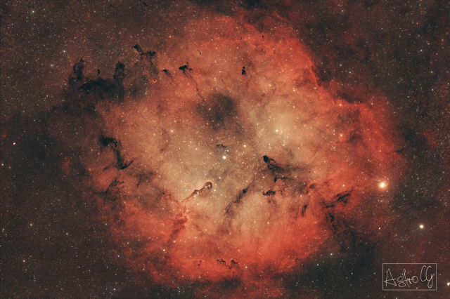 Astrophoto showcasing a bright orange nebula: The elephants trunk nebula. Plenty of stars can be seen. A shape of the nebula to the lower left looks like an elephants trunk, hence the name.